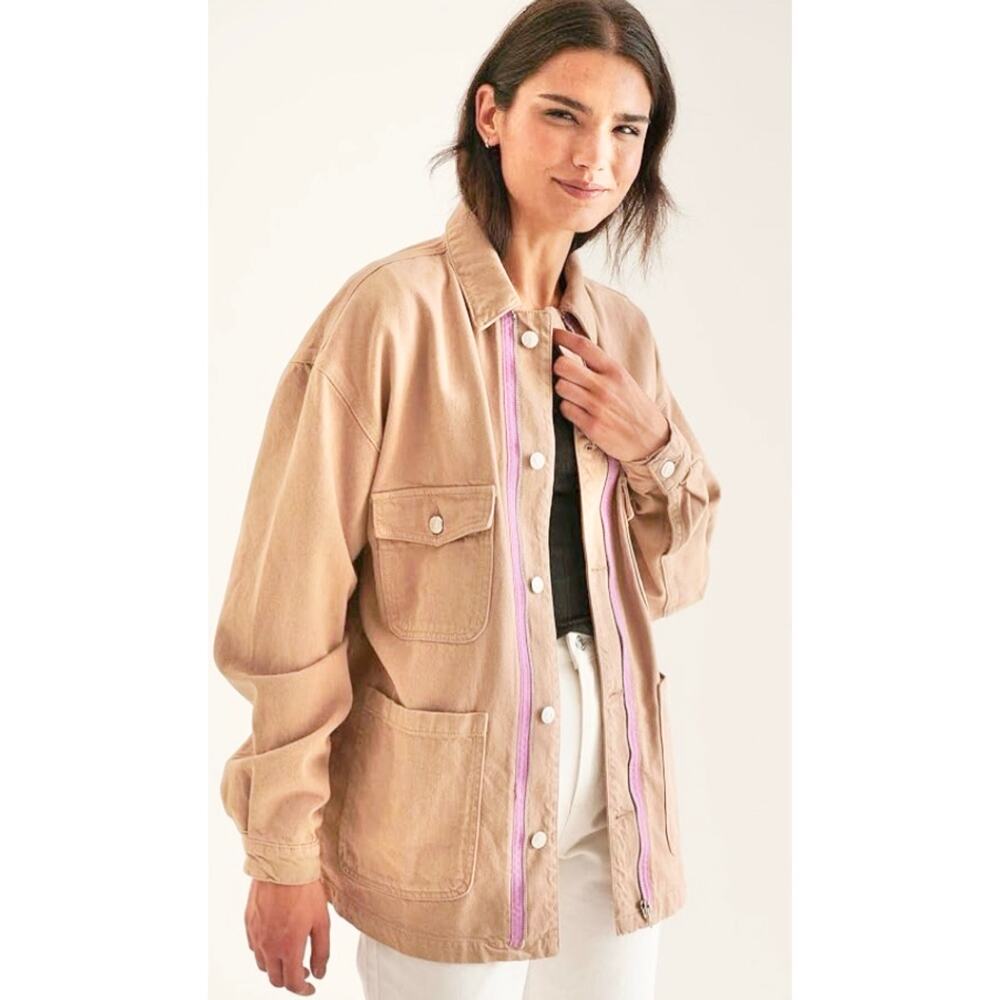 Na-kd Tan Purple Stripe Cotton Denim Oversized Chore Barn Jacket 34 S